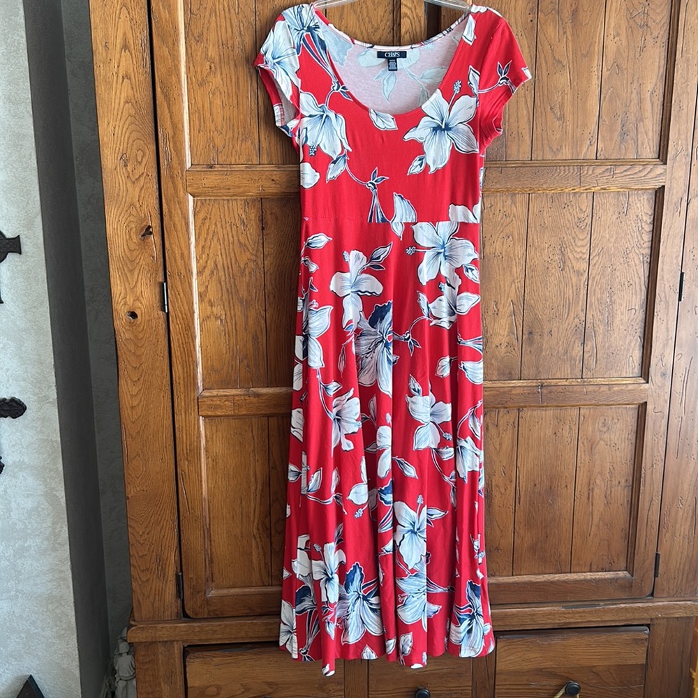CHAPS🌺Floral TROPICAL Maxi DRESS Long Red Maxi Flare Hibiscis Flowers size Small - Picture 5 of 11